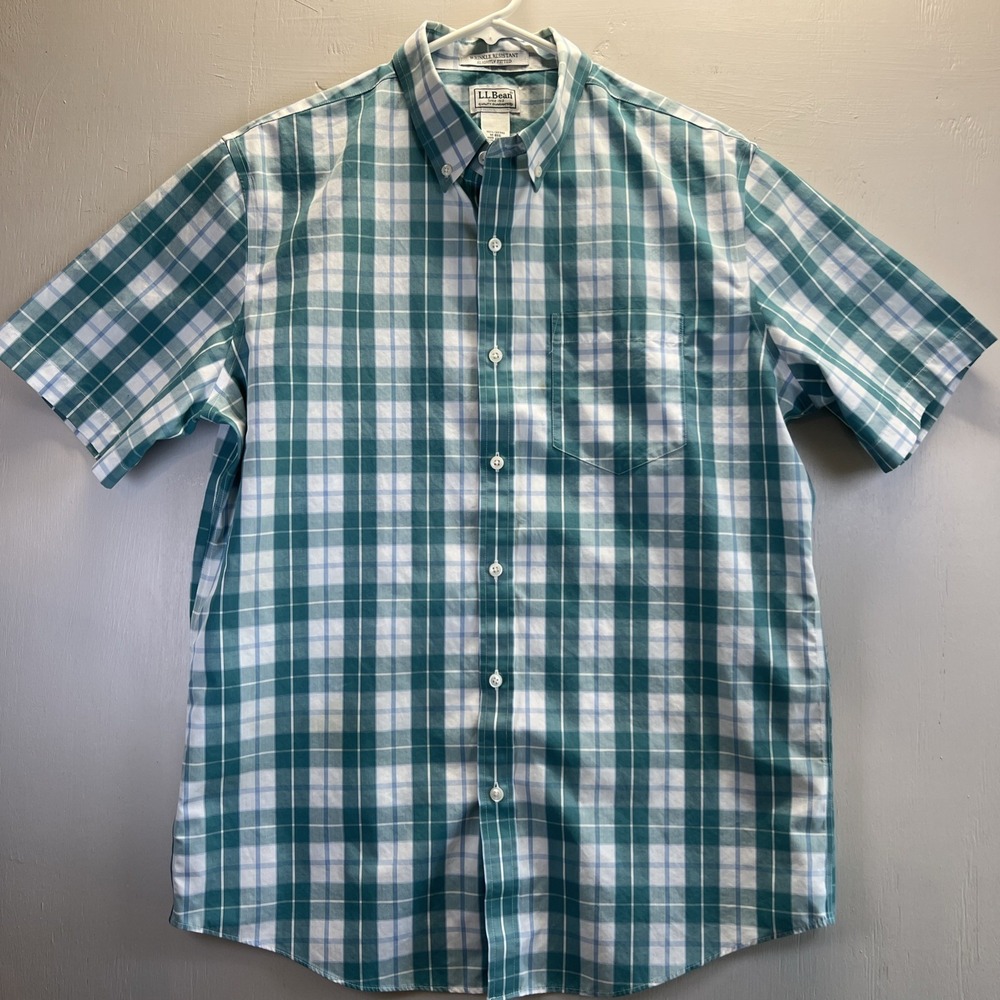 LL Bean Shirt Men Medium Green large-Gangnam Print Wrinkle Resistant Casual